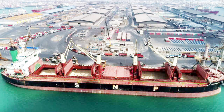 پهلودهی یک فروند کشتی غول ‌پیکر گندم در بندر شهید رجایی